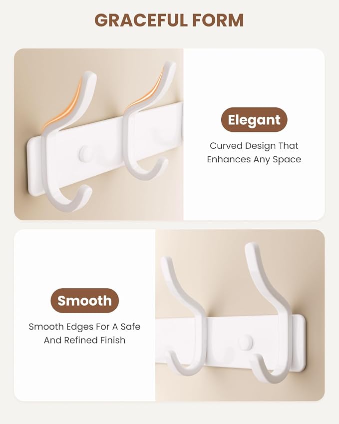 Wall Mounted Coat Rack (White, 1 Pack) - Aluminum 6-Hook Rack with Curved Hooks, Drill Installation, Holds Coats, Towels, and Bags, Ideal for Entryway or Office