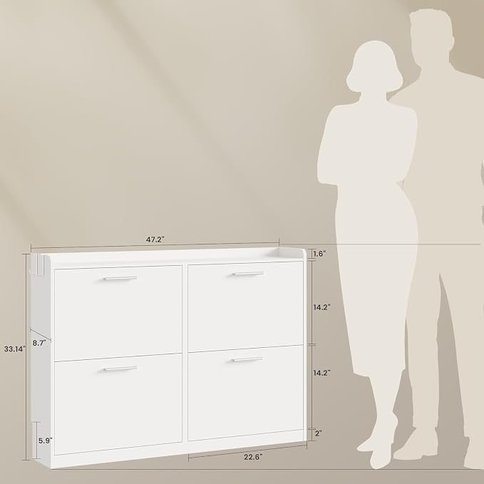 Modern Shoe Cabinet Organizer with 4 Flip Drawers, 47.2" W White | Freestanding shoe storage cabinet for entryway,foyer and hallway, space-saving flip drawers,Adjustable Shelves & 2 Hooks