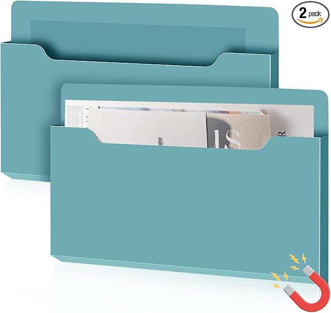 Feifeiya 2 Pcs Magnetic File Folder Wall Hanging Holder Large Pocket Paper Magazine Mail Organizer for Refrigerator Classroom Locker Whiteboard(Horizontal,Haze Blue,13.8 x 8.3 Inches)