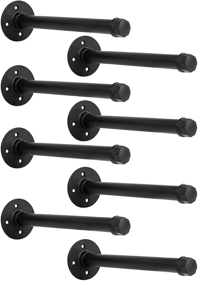 12 Inch Industrial Pipe Shelf Brackets Set of 8 - Black Iron Rustic Wall Mounted DIY Shelving Brackets Hanging Custom Pipe Brackets for Floating Shelves