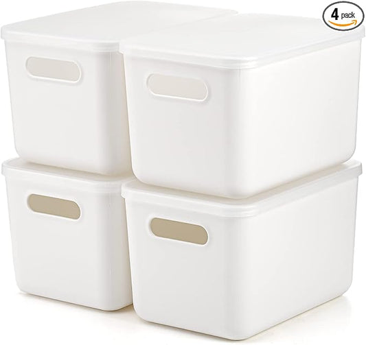Lawei 4 Pack Plastic Storage Bins with Lid, White Stackable Storage Basket Organizer Box, Sturdy Containers Organizing Lidded Bins for Shelves, Cabinet, Desk, Pantry, Bedroom, Book, Toys