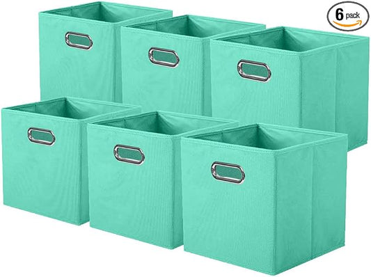 ShellKingdom Storage Bins, Foldable Fabric Storage Cubes with Metal Handle | Cloth Storage Organizer Drawer For Closet And Toys, 11 X 10.5 X 10.5 INCH, 6 Pack (Mint Green)