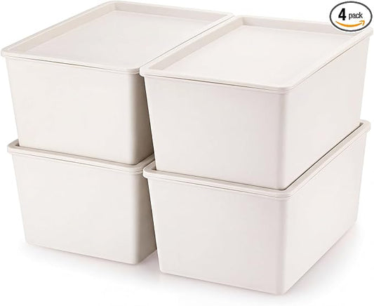 4 Pcs Storage Bins with Lids Plastic Stackable Containers for Classroom Room Organizing Shelves Christmas Ornament Box Baskets(Beige,Large)