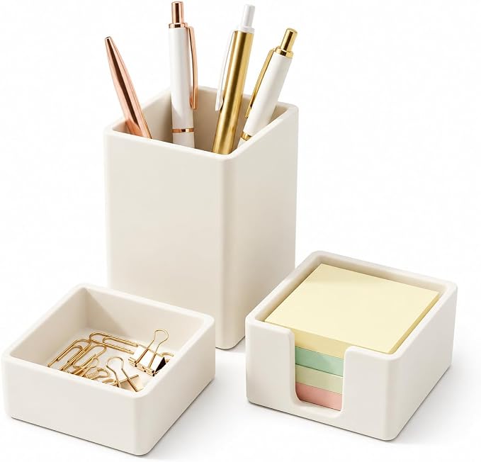 minimaliving Aesthetic Silicone Desk Organizer Set of 3,Modern Office Desk Accessories with Pen Holder,Paperclip Tray,Sticky Note Holder,Stylish Functional Office Desk Decor for Back-to-school(Beige)