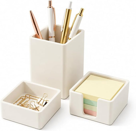 minimaliving Aesthetic Silicone Desk Organizer Set of 3,Modern Office Desk Accessories with Pen Holder,Paperclip Tray,Sticky Note Holder,Stylish Functional Office Desk Decor for Back-to-school(Beige)