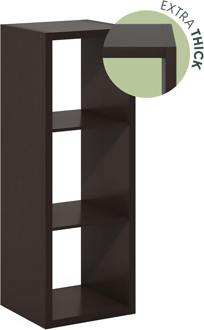 Furinno Cubicle 3-Cube Book Shelf, Extra Thick Frame Bookshelf, Dark Oak | Horizontally & Vertically Reversible Bookcase with Open Back, 14.6" x 16" x 44", for Living Room, Bedroom, Home Office