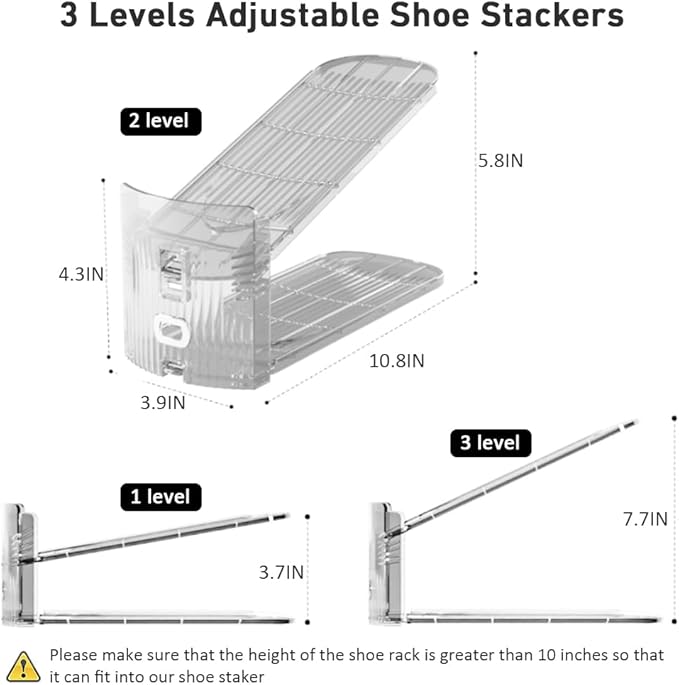NVGSN 16Pack Clear Shoe Slot Organizer,Shoe Stacker,Storage Space Saver 50% | 3 Levels Adjustable Height 3.7''-7.7''shoe Organizer for Closet,Easy to Assemble shoe Rack Holder,Organizador de Zapatos