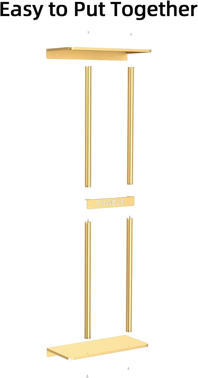 STWWO Bathroom Towel Storage Rack for Bathroom, 30 inch Towel Racks Wall Mounted with Shelf Can Holds 6 Large Towels, Wall Towel Rack for Rolled Towels, Gold | Towel Racks for Bathroom for Rolled Towels Folded Bath Towels, 30 inch