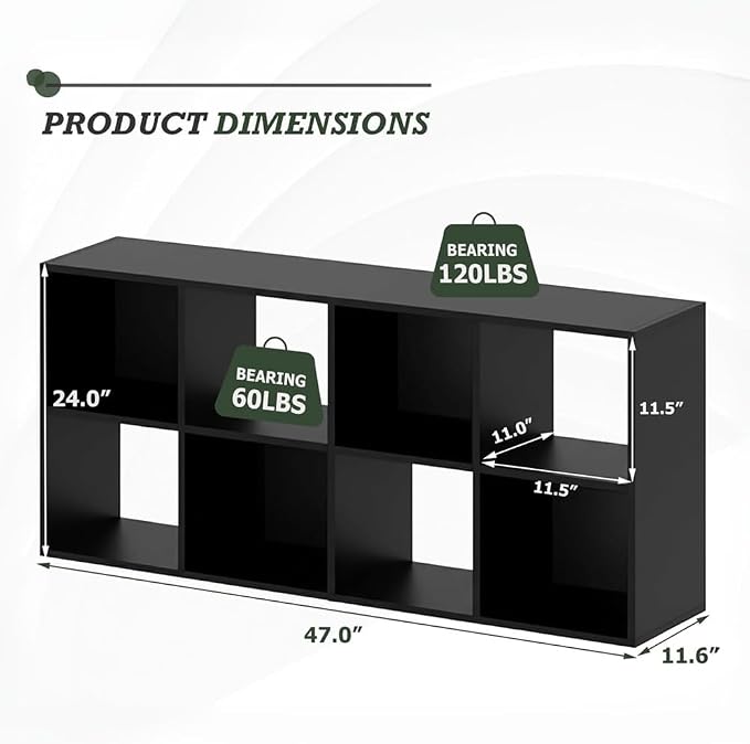 8 Cube Storage Organizer Shelf, Open Cube Bookshelf | Reversible Bookcase, Sturdy Modern Storage for Home Office, Bedroom, Living Room, Deep Black