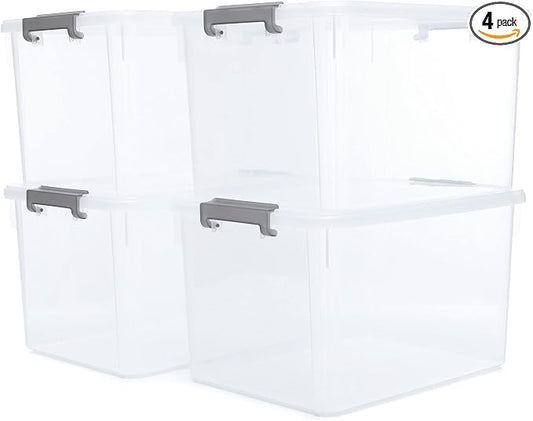 Citylife 32 QT Plastic Storage Bins with Latching Lids Stackable Storage Containers for Organizing Large Clear Storage Box for Garage, Closet, Kitchen, 4 Packs
