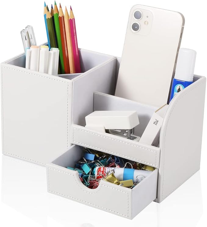Desk Organizer Office Supplies Caddy Pu Leather Multi-function Storage Box Pen/Pencil,Cell phone, Business Name Cards Remote Control Holder with Small Drawer White