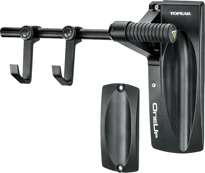 Topeak OneUp Bike Holder – Space-Saving Wall-Mount Bicycle Storage Rack with Integrated Front Wheel Stabilizer, Durable Alloy Frame, and 35 lb Load Capacity for Compact Spaces