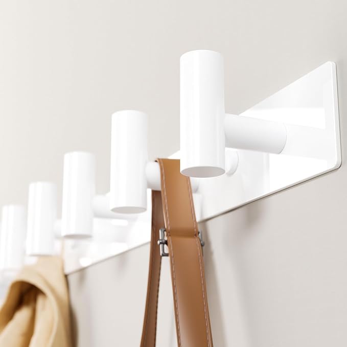 White Wall Mounted Coat Rack – 5 T-Shaped Hooks on 16.5" Rail, (1 Pack) | for Hanging Hats, Bags & Towels, Heavy-Duty Metal Hooks for Entryway, Bathroom, Closet, Bedroom