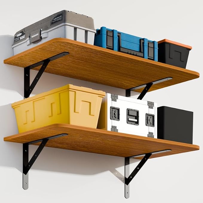 Dogsky 2-Pack Garage Storage Shelving Wall Mounted, 3x2Ft (36x24In) Heavy Duty Wood Floating Wall Shelf, 300lbs Capacity Shelves for Garage, Closets, Utility Rooms and Kitchens, Teak