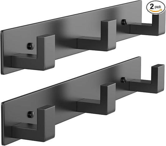PMMASTO Wall Mounted Coat Hooks- Stainless Steel Rust-Resistant Bathroom Hangers for Towels/Hats/Coats, Heavy-Duty Wall Mount Hooks with Screws (Black 3 Hooks, 2-Pack)