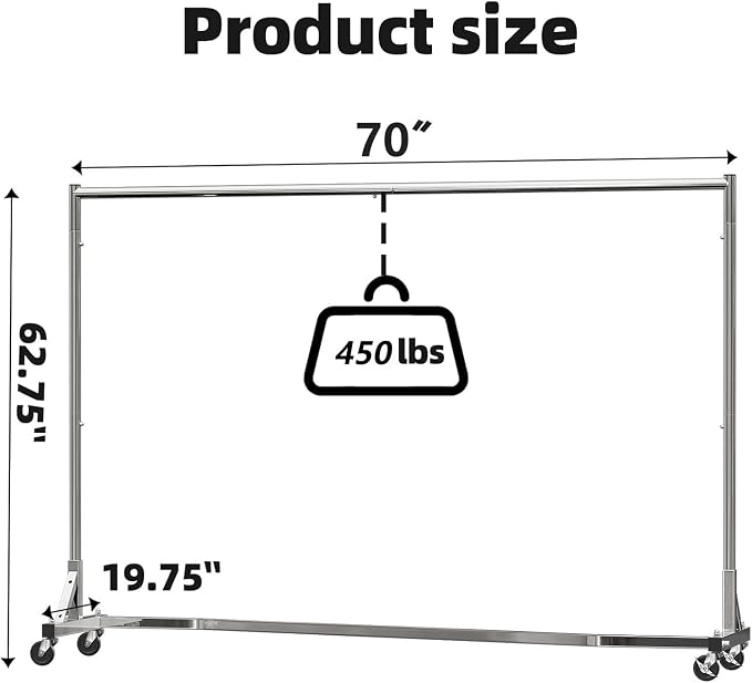 Simple Trending Industrial Grade Z Base 70inches Extra Long Clothes Garment Rack, Commercial Grade Rolling Clothing Rack, Heavy Duty 450lbs Load with Wheels, Chrome | Heavy Duty Commercial Grade Clothing Rack 70" Extra Long, 360°Lockable Wheels, for Ho...