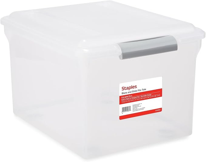 Staples Store & Slide Hanging File Box, Latch Lid, Letter/Legal Size, Clear