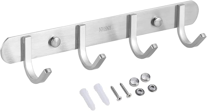 Coat Hook Wall Mount - Towel Hook Rack with 4 Hooks 11-inch Hanger for Hanging Clothes, Bags, Keys, Easy to Install Rail for Bedroom, Bathroom, Entryway, Door, 304 Stainless Steel Brushed Nickel