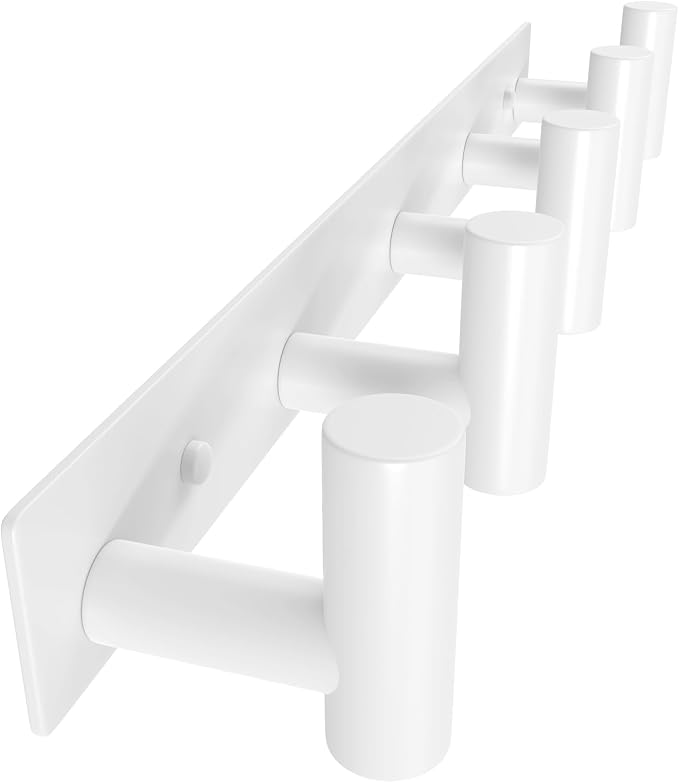 PMMASTO Stainless Steel Coat Rack Wall Mounted, Heavy Duty Metal Hook Rail for Hanging Coats Hats Towels Robes Bags, Modern Wall Hooks Organizer (White, 5 "T Hooks, 2PACK)