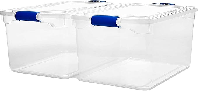 HOMZ 66 Quart Secure Seal Latch Clear Plastic Bin | Stackable & Nestable | Easy Grip Latching Handles | Home, Office, Dorm Room Organization | Blue Handles, 2 Pack | Large Stackable Container Boxes for Homes, Bathrooms, Garages, and Office Organization