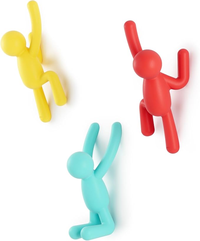 Umbra Buddy Wall Hooks – Decorative Wall Mounted Coat Hooks for Hanging Coats, Scarves, Bags, Purses, Backpacks, Towels and More, Set of 3, Red/Blue/Yellow