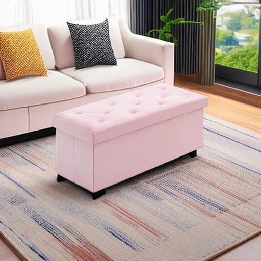 BRIAN & DANY 43 Inches Folding Storage Ottoman Bench, Velvet Ottoman with Storage for Living Room, Bedroom, Entryway, Ottoman Foot Rest, End of Bed Bench (Pink)