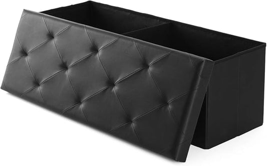 DUMOS 43 Inch Folding Ottoman with Storage Bench, Foot Rest Stool Ottoman | Upholstered End of Bed Storage Bench, Storage Ottoman Loads 660 Lbs for Bedroom, Living Room, Synthetic Leather, Black