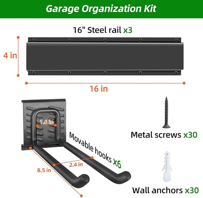 PIYILO Garage Organization, Garage Wall Organizer with 48 inches Rails and 6 Hooks, Tool Organizers Heavy Duty, Shovel Holder Wall Mount Max Load 360 LBS, Sturdy Garden Tool Rack for Folding Chairs | Heavy-duty Alloy Steel, 360 LBS Load, Wear & Tear Re...