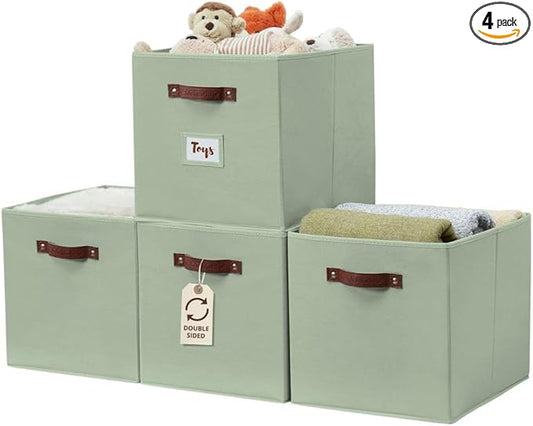 DECOMOMO Storage Bins, Storage Baskets for Shelves | 13" x 15" x 13" Storage Cube Bins with Labels for Organizing Shelves (Kallax, 4pcs, Sage Green)