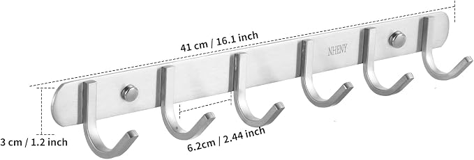 Coat Hook Wall Mount - Towel Rack with 6 Hooks Hanger for Hanging Clothes, Bags, Keys, and Towels Bathroom, Entryway, Door, 304 Stainless Steel Brushed Nickel