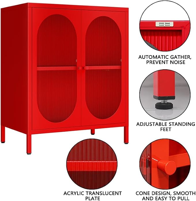2 Translucent Door Metal Accent Storage Cabinet for Bedroom, Living Room, Office Room,Kitchen-Metal Locker Cabinet with 1 Adjustable Shelves-2-Tier (red)