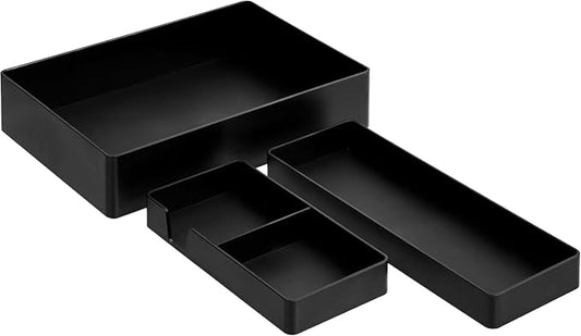 Amazon Basics Rectangular Plastic Desk Organizer Bundle, 3 Pieces with Half Accessory Tray, Small, Black