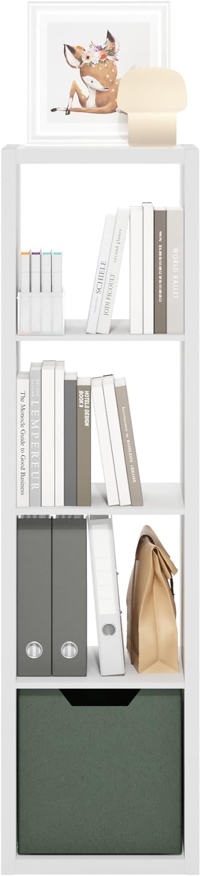 Furinno Cubicle Book Shelf, Vertical 4-Cube Bookshelf, Extra Thick Frame Horizontally & Vertically Reversible Bookcase with Open Back, 14.6" x 16" x 58", for Living Room, Bedroom, Home Office, White