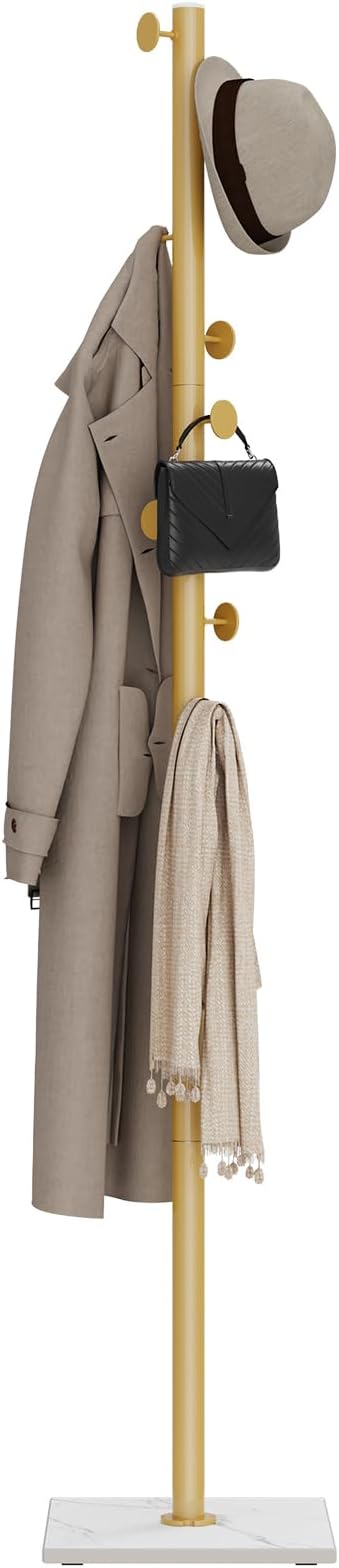 Clothes Rack Freestanding, Coat Stand with 8 Hooks, Gold | Small Garment Rack with Heavy Rock Slab Base, Modern Metal Clothing Rack for Hanging Clothes with 8 Hooks for Bedroom, Office