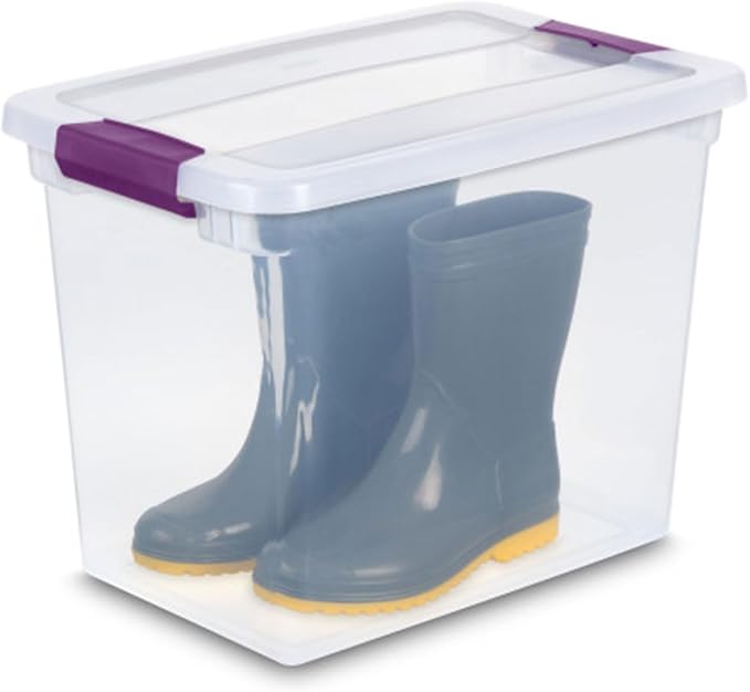 Sterilite 27 Quart ClearView Latch Box, Stackable Storage Bin with Latching Lid, Organize Clothes, Shoes in Closet, Clear Base and Lid, 18-Pack | Clear Plastic Organizers with Color Accent Latches for Closet, Bedroom, Shelving Units, Dorm Room and Home...