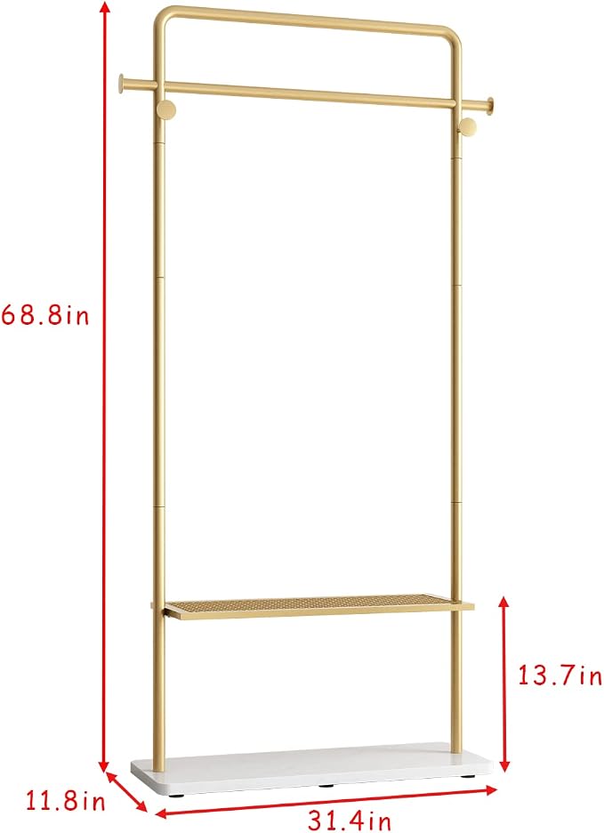 TIEOU Gold Coat Racks with Shelf, Heavy Duty Gold Clothing Racks for Boutiques, Free-Standing Metal Garment Rack for Hanging Clothes, Modern Clothes Rack Entryway(2 tier)