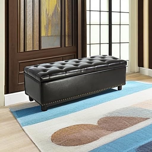 BELLEZE Storage Ottoman, Tufted Ottoman with Close Hinge, Foot Rest for Living Room (Dark Brown, 47 inch)