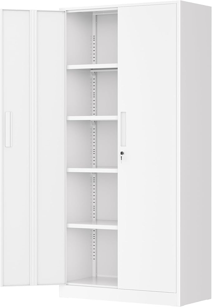 Greenvelly White Metal Storage Cabinet for Garage, 72” Steel Locking Cabinet with Doors and 4 Shelves, Tall Tool Cabinets for Garage Storage Systems Lockable File Cabinet for Home Office, Classroom