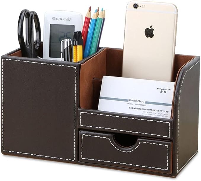 Desk Organizer Office Supplies Caddy Pu Leather Multi-function Storage Box Pen/Pencil,Cell phone, Business Name Cards Remote Control Holder with Small Drawer Brown
