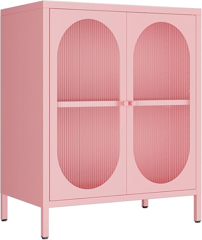2 Translucent Door Metal Accent Storage Cabinet for Home, Living Room, Office Room,Kitchen-Metal Locker Cabinet with 1 Adjustable Shelves-2-Tier (Pink)