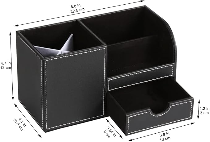 Desk Organizer Office Supplies Caddy Pu Leather Multi-function Storage Box Pen/Pencil,Cell phone, Business Name Cards Remote Control Holder with Small Drawer Black