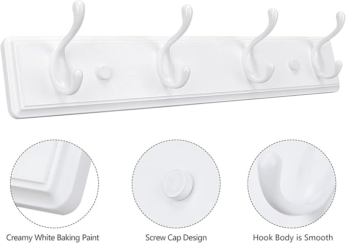 Badiano Wooden Coat Rack, Wall-Mounted Organizer for Closet, Entryway, Hallway, Foyer, Bedroom, Heavy Duty Double Hooks for Hanging Towels, Bags, Hats, Jackets, Key (White, 4 Hooks)