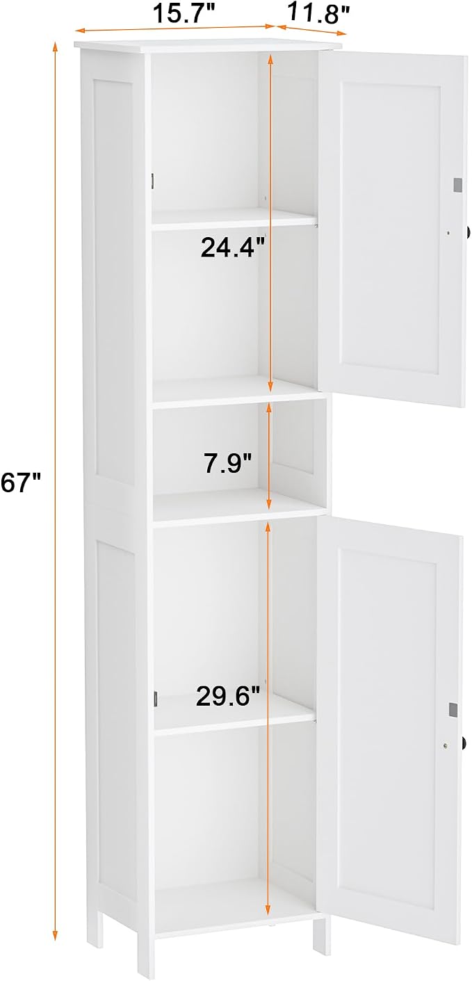 Homleke Tall Bathroom Storage Cabinet with 2 Doors, Slim Bathroom Cabinet | Narrow Storage Cabinet with Adjustable Shelves, Anti-Tip Design, Reversible Door, Easy Assembly, White, 15.7''W