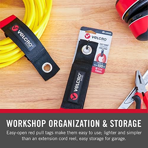VELCRO Brand EASY HANG Extension Cord Organizer Holder | Large 18" Heavy Duty Straps for Garage Organization and Storage Grommet Hangs Easily on Wall Hooks or Nails 2pk, Holds 100lbs, Black