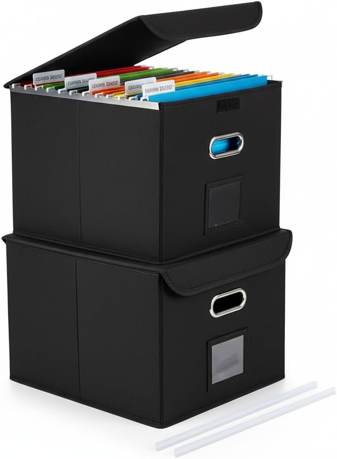 File Organizer Box with Lid (Black, 14.9 x 12.59 x 10.8 inch, 2-Pack) | Large Hanging File Folder Organizer with Plastic Slide, Collapsible Portable Filing Storage Boxes for Office/Decor/Home
