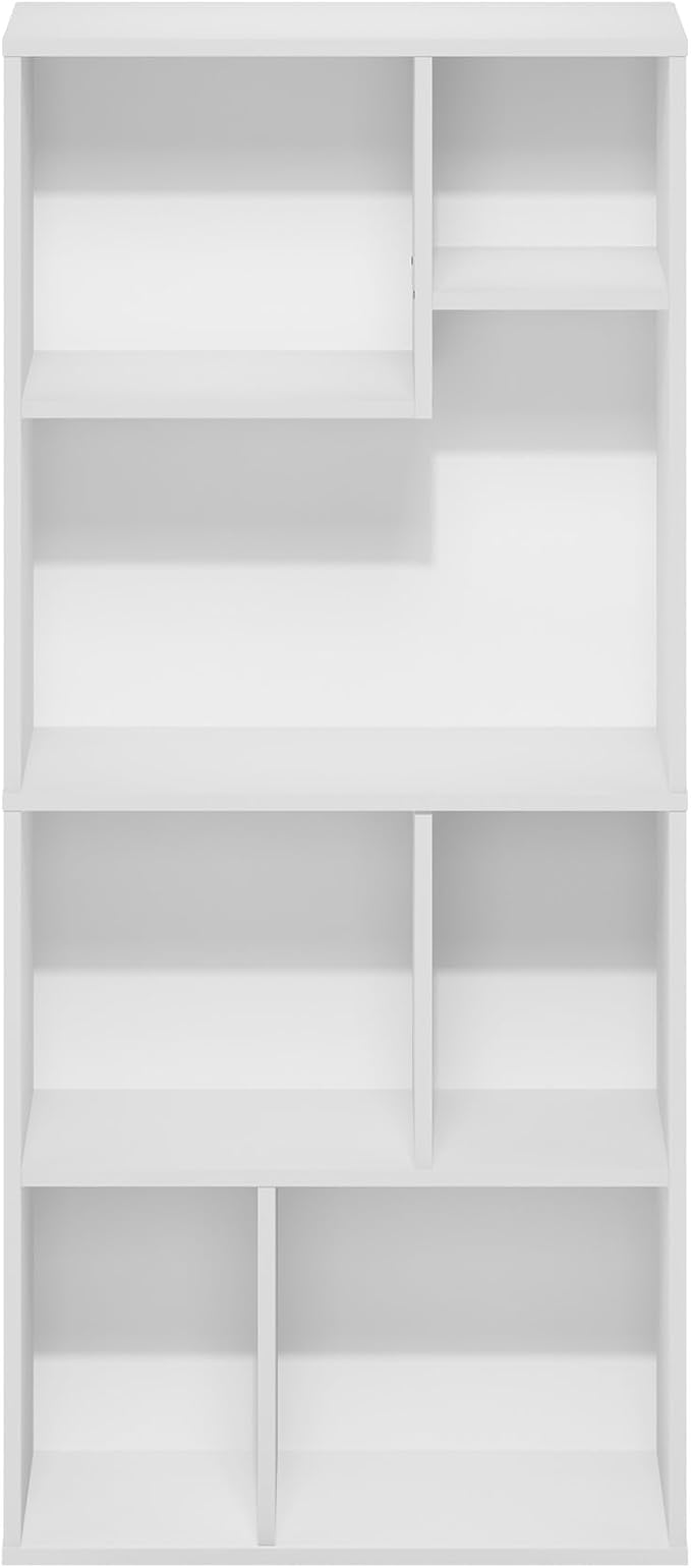 Furinno DALY Book Shelf, 7-Cube Bookshelf, Cube Storage Organizer Bookcase with Irregular Compartments, 9.4 x 18.9 x 42.1, for Living Room, Bedroom, Home Office, White