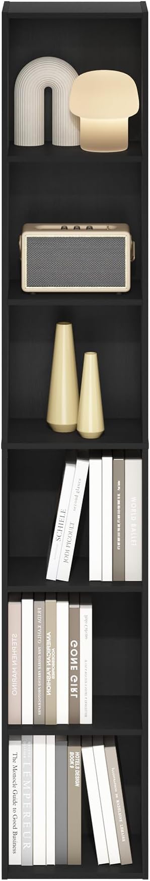 Furinno LUDER Book Shelf, 6-Tier Tall Modern Bookshelf, Bookcase with Open Shelves, 9.3 x 12 x 71, for Living Room, Bedroom, Home Office, Blackwood