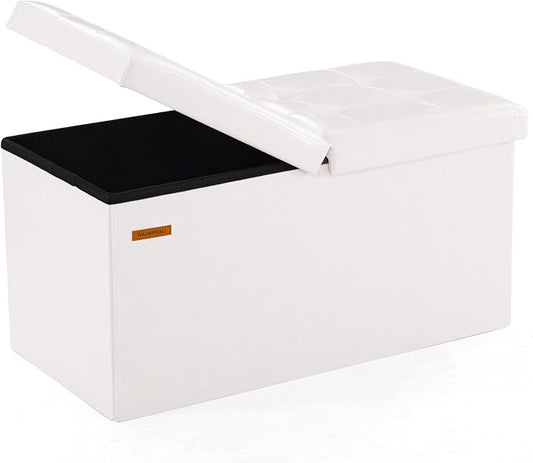 HAUSFRAU Ottoman with Storage Bench Folding Foot Rest Stool White | 30", Flip Lid, Faux Leather, Upholstered Foldable Footrest Footstool, Bedroom Bench, Living Room Dorm Ottoman, Rectangle