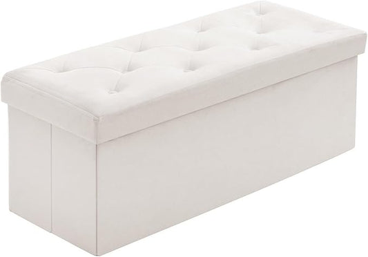 BRIAN & DANY 43 Inches Folding Storage Ottoman Bench, Velvet Ottoman with Storage for Living Room, Bedroom, Entryway, Ottoman Foot Rest, End of Bed Bench (White)