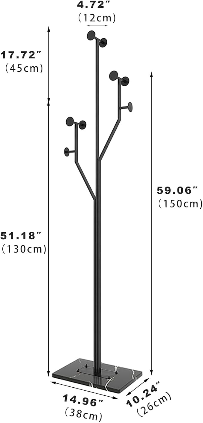 JIAYUEJU Freestanding Coat Rack Coat tree for Entryway Bedroom (Black) | Tree-shaped, Easy Assembly, Space Saver, Heavy Duty, Metal Frame, Marble Base, 8 Hooks, Living Room, Office, Corner
